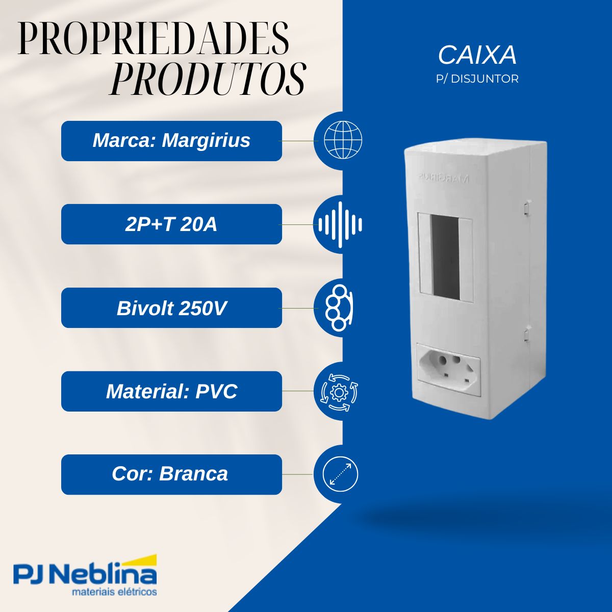 Caixa P/Disjuntor Unipolar Sobrepor 57X145Mm C/Tomada 2P+T(Pb) - Margirius