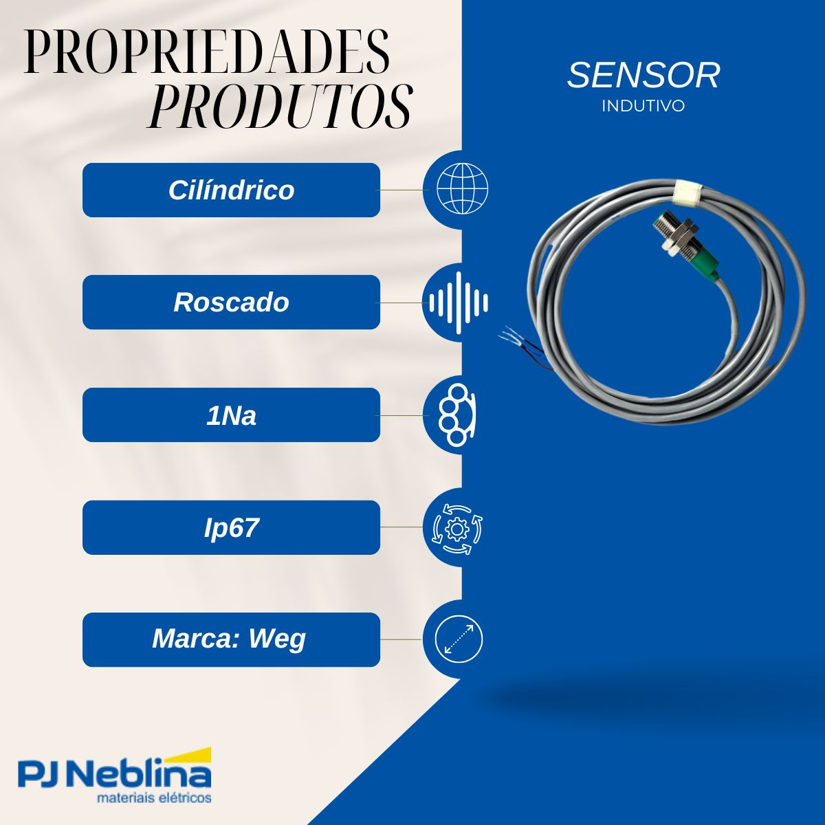 Sensor Indutivo Cilíndrico Roscado Sn=2Mm M12X1,00Mm Metálico 3 Fios 10-30Vcc Cabo 2M Pnp 1Na 1 Led - Weg