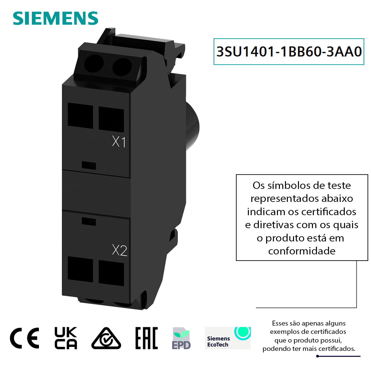 Bloco De Contato Led Integrado Frontal 24Vca Branco Conexão Mola 3SU14011BB603AA0 Siemens