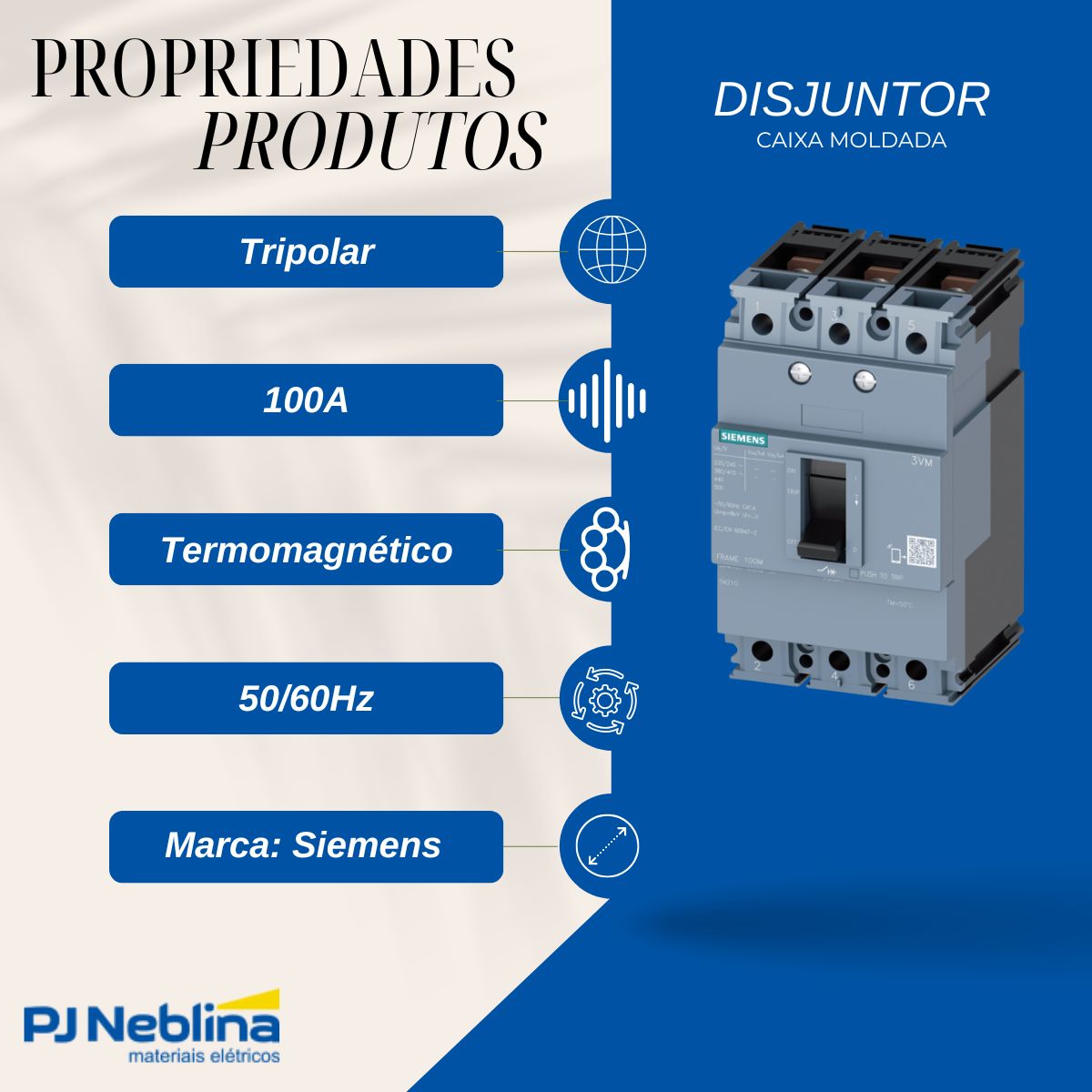 Disjuntor Caixa Moldada Tripolar 100A 36Ka 380V 50/60Hz - Siemens