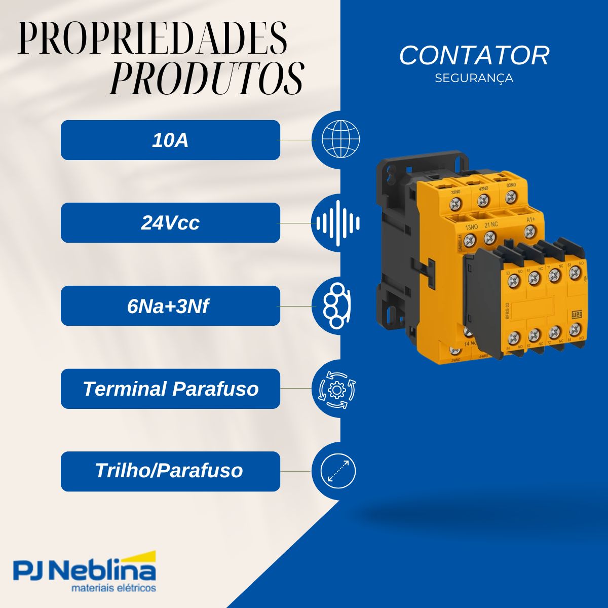Contator Segurança Auxiliar 10A 24Vcc 6Na+3Nf - Weg