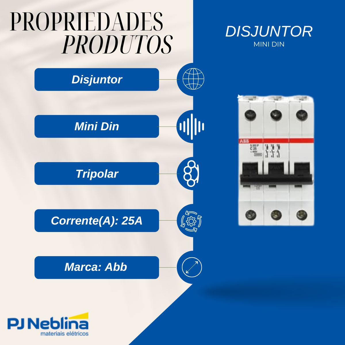 Disjuntor Mini Din Tripolar 25A Curva C 25Ka 230/400V - Abb