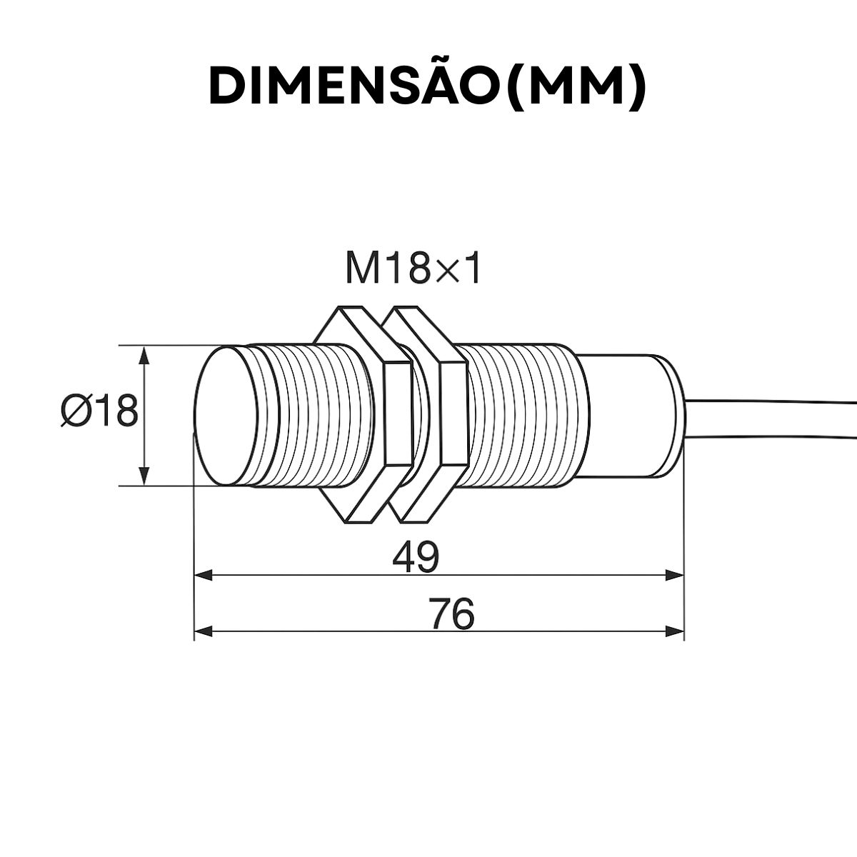 Sensor Indutivo Cilíndrico Roscado Sn=5Mm M18X1,00Mm 3 Fios 10-30Vcc Cabo 2 Metros Npn 1Na 1 Led - Weg