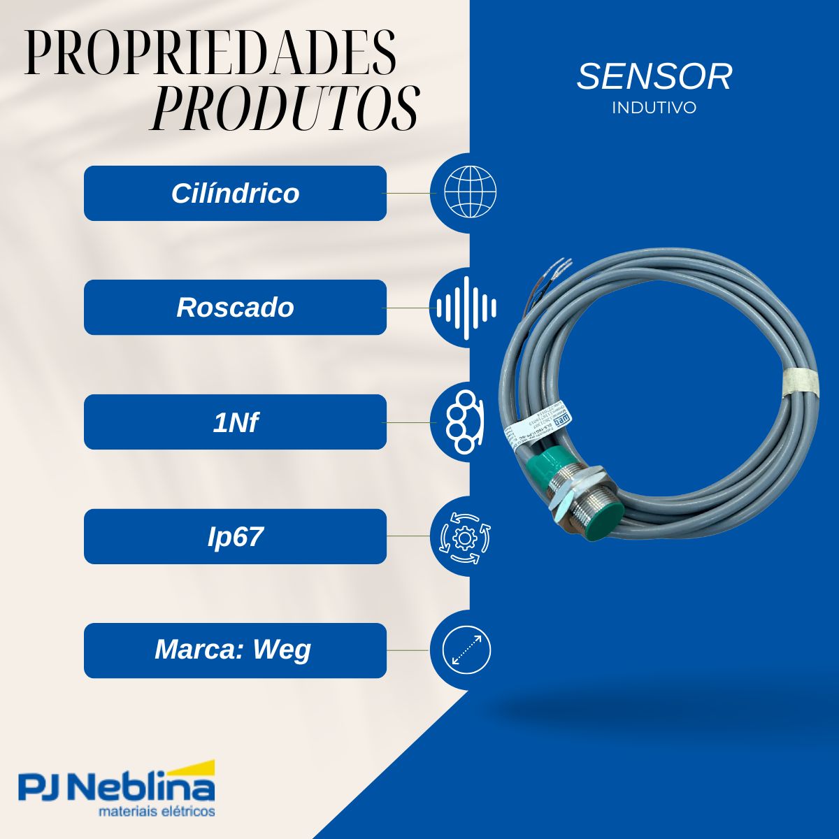 Sensor Indutivo Cilíndrico Roscado Sn=5Mm M18X1,00Mm Metálico 3 Fios 10-30Vcc Cabo 2M Pnp 1Nf 1 Led - Weg