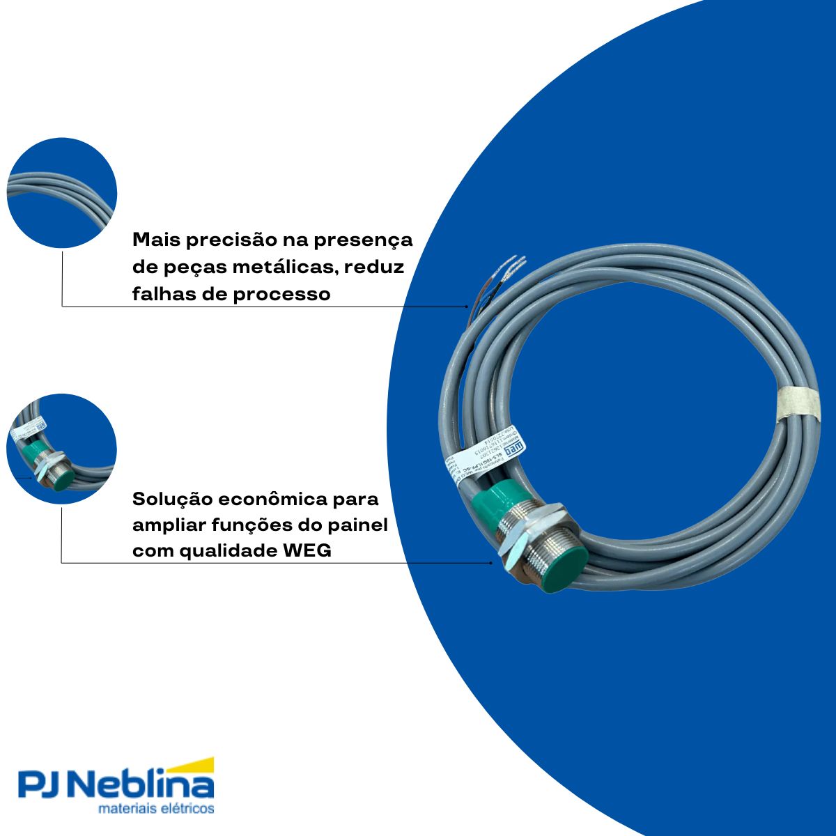 Sensor Indutivo Cilíndrico Roscado Sn=5Mm M18X1,00Mm Metálico 3 Fios 10-30Vcc Cabo 2M Pnp 1Nf 1 Led - Weg