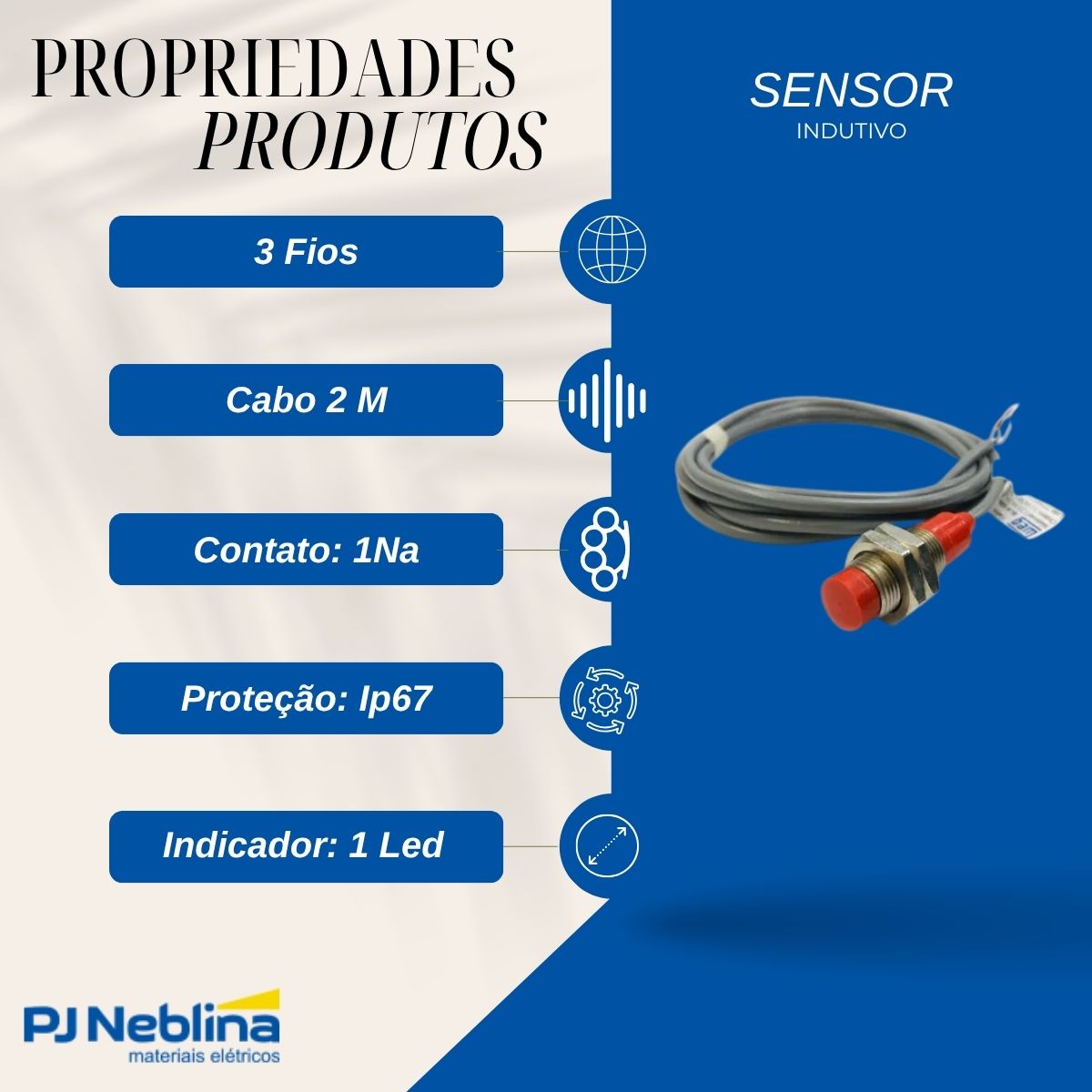 Sensor Indutivo Cilíndrico Roscado Sn=5Mm M18X1,00Mm Metálico 3 Fios 10-30Vcc Cabo 2M Npn 1Nf 1 Led - Weg