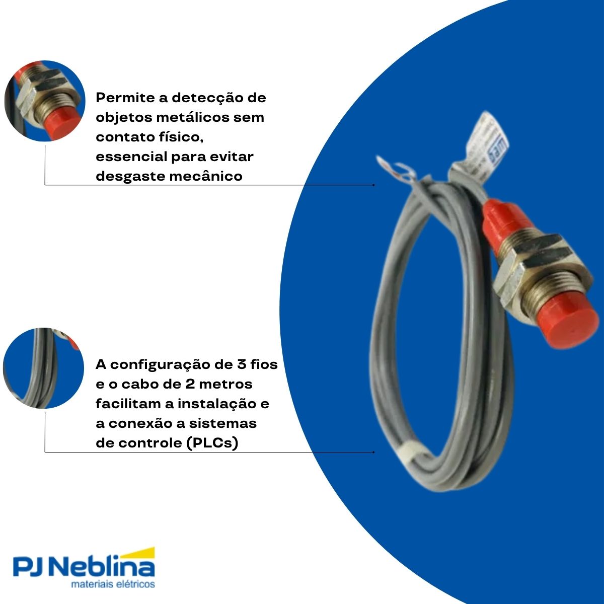 Sensor Indutivo Cilíndrico Roscado Sn=5Mm M18X1,00Mm Metálico 3 Fios 10-30Vcc Cabo 2M Npn 1Nf 1 Led - Weg