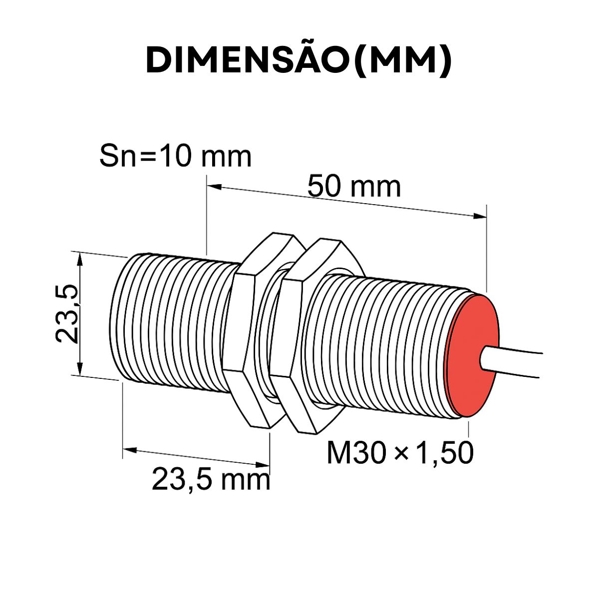 Sensor Indutivo Cilíndrico Roscado Sn=10Mm M30X1,50Mm 3 Fios 10-30Vcc Cabo 2 Metros Npn 1Nf 1 Led - Weg