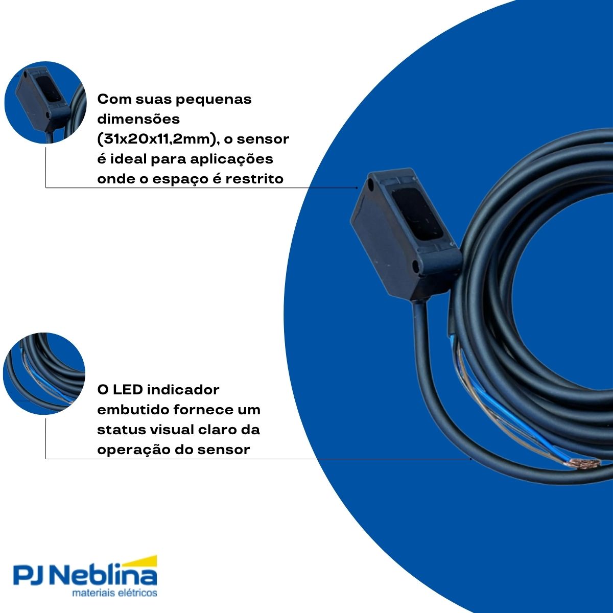 Sensor Fotoelétrico Difuso Sn=300Mm 31X20X11,2Mm Plástico 12-24Vcc Cabo 2M Pnp Ip67 1 Led - Weg