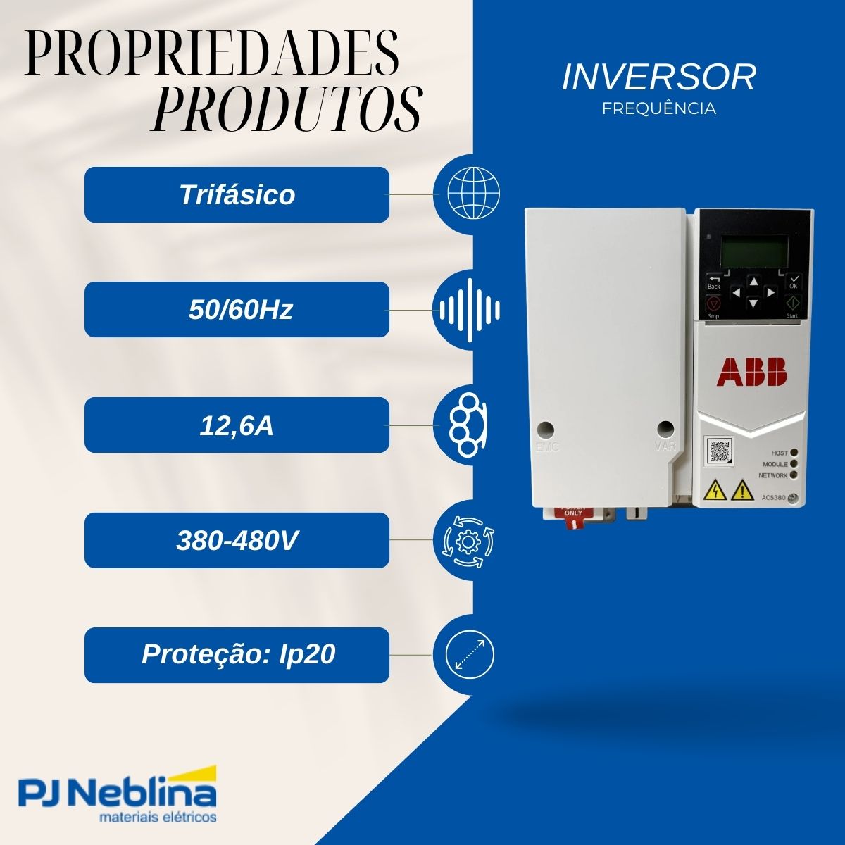 Inversor Frequência Trifásico 380-480V 50/60Hz 12,6A 5,5Kw -  Abb