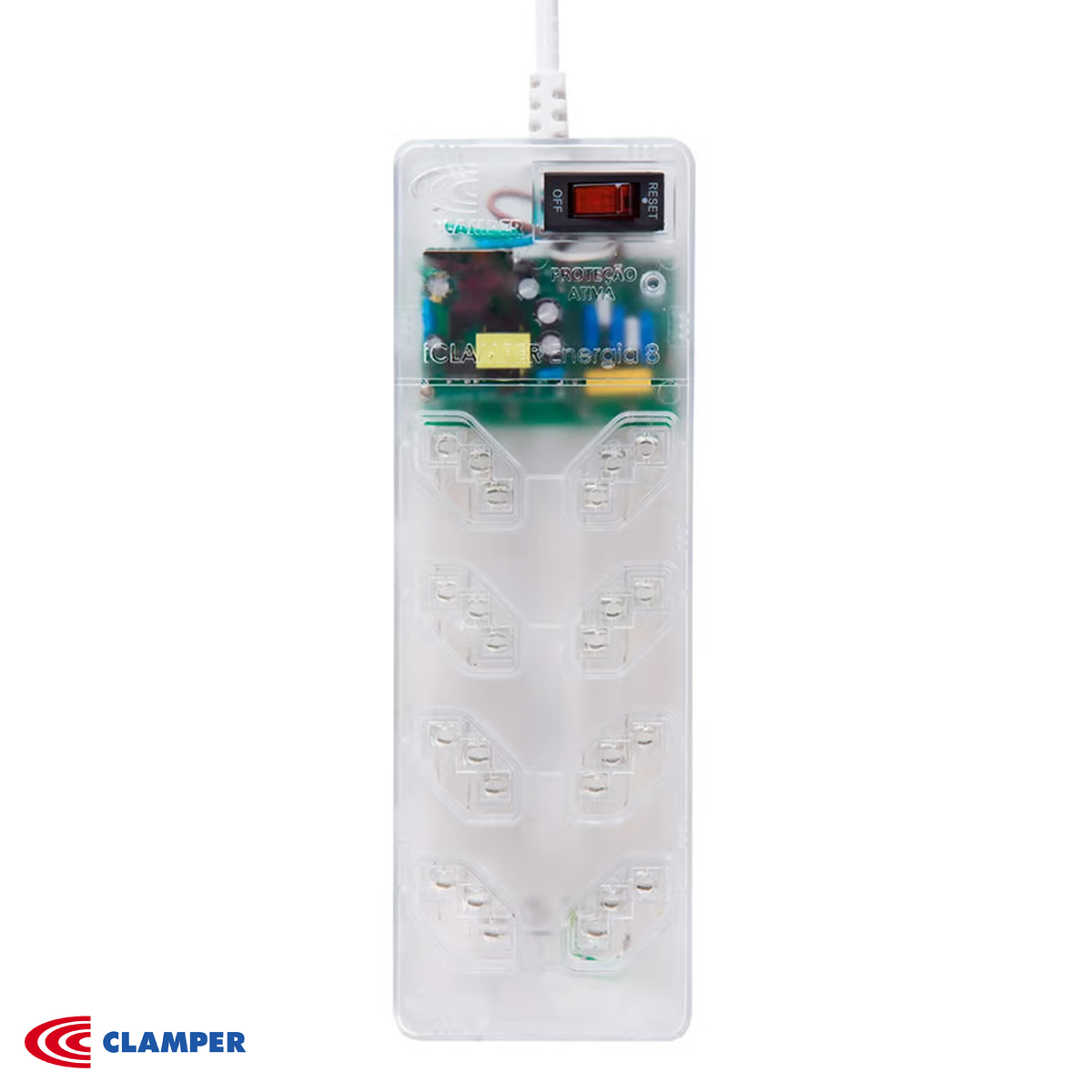 Filtro de Linha com Protetor de Surtos/Raios DPS Para 8 Tomadas 10A Com 1,3 Metros Transparente - Clamper