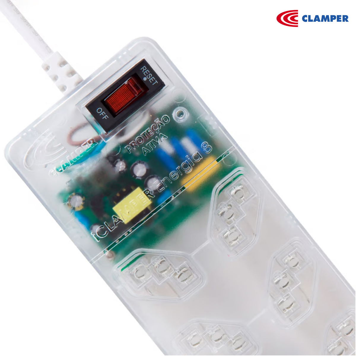 Filtro de Linha com Protetor de Surtos/Raios DPS Para 8 Tomadas 10A Com 1,3 Metros Transparente - Clamper