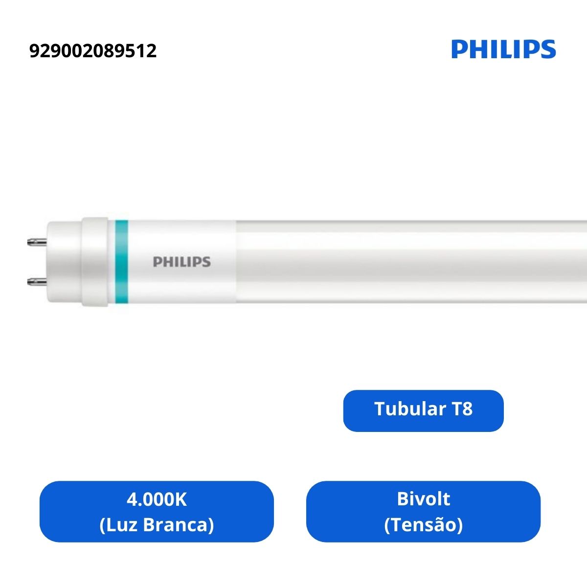 Lâmpada Led Tubular T8 8W Bivolt G13 4000K Luz do Dia 600Mm Vidro 25000H - Philips
