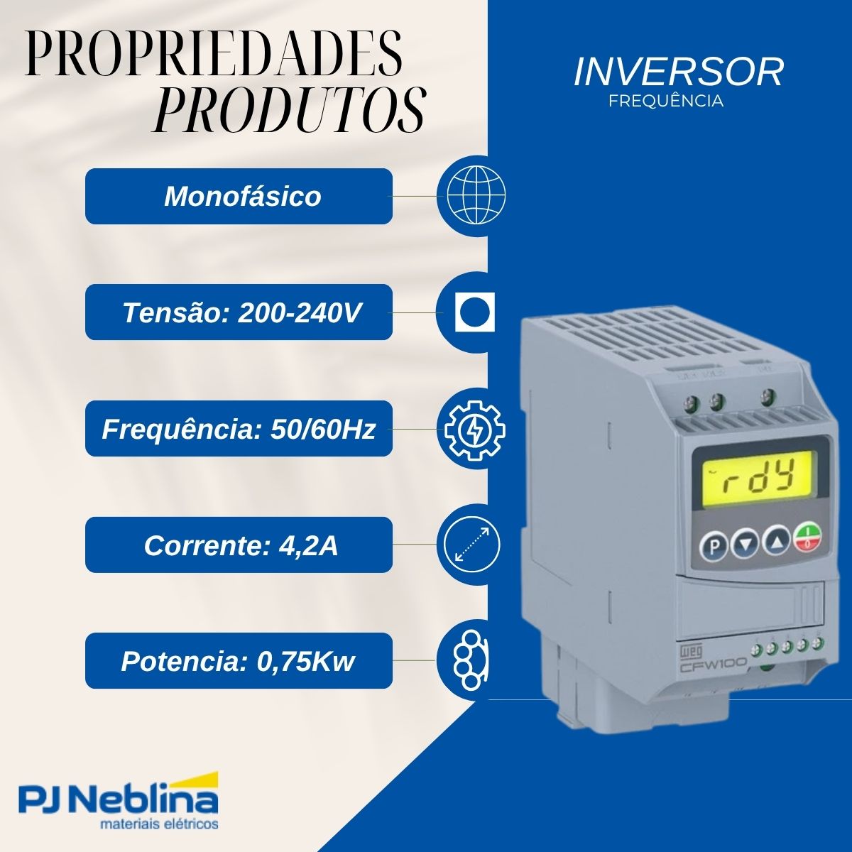 Inversor Frequência Monofásico 200-240V 50/60Hz 4,2A 0,75Kw - Weg