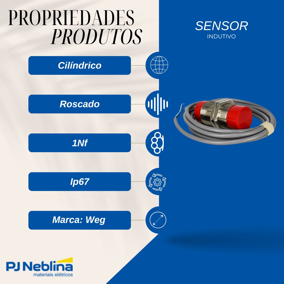 Sensor Indutivo Cilíndrico Roscado Sn=15Mm M30X1,50Mm Metálico 3 Fios 10-30Vcc Cabo 2M Pnp 1Nf 1 Led - Weg