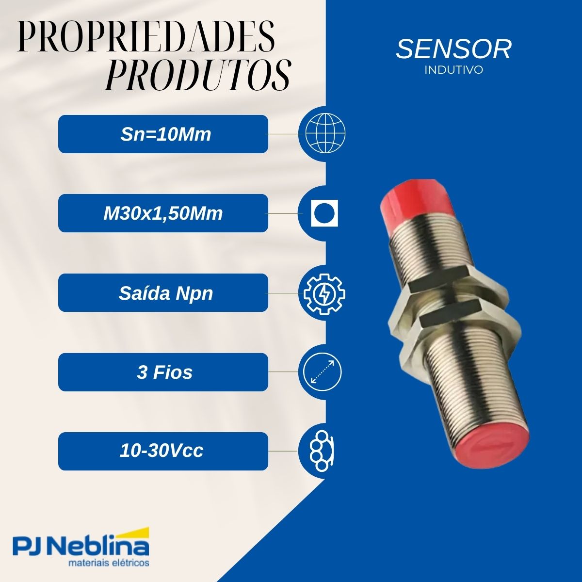 Sensor Indutivo Cilíndrico Roscado Sn=15Mm M30X1,50Mm 3 Fios 10-30Vcc Cabo 2 Metros Npn 1Nf 1 Led - Weg