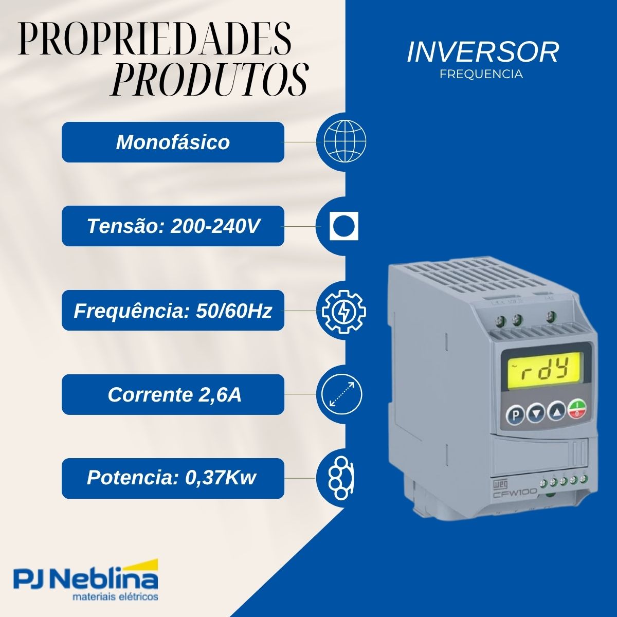 Inversor Frequência Monofásico 200-240V 50/60Hz 2,6A 0,37Kw - Weg