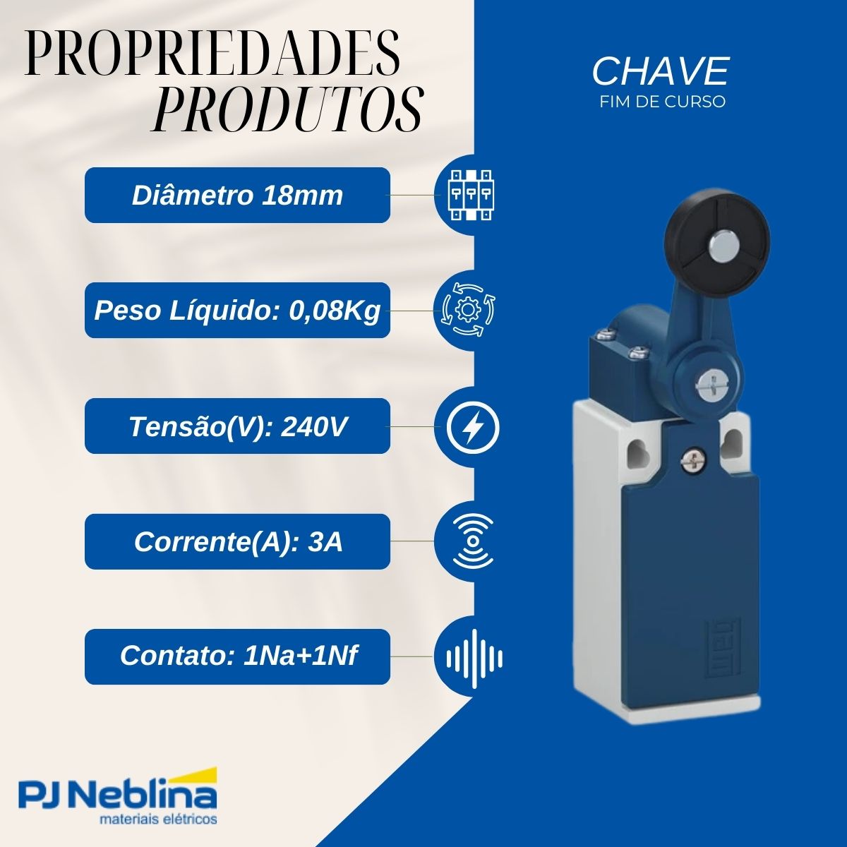 Chave Fim De Curso Plástico Ação Rápida Roldana 18Mm 50/60Hz IP20 3A 240V 1Na+1Nf Weg