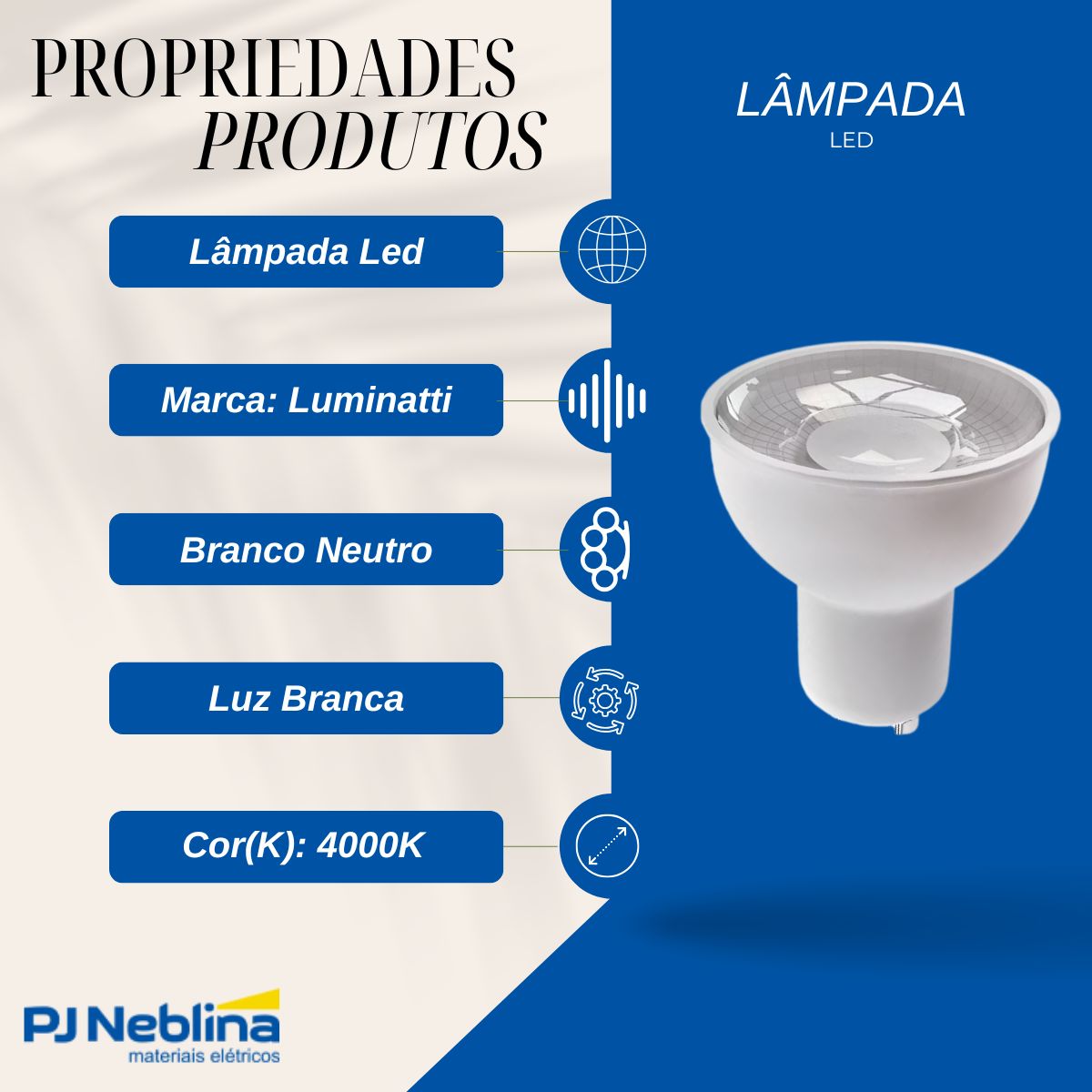 Lâmpada Led Dicroica Mr16 4,5W Bivolt Gu10 4000K Branco Neutro Luz Branca 350Lm 43G - Luminatti