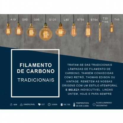 Lâmpada Filamento Carbono G125 40W 110V E27 2200K Ambar Decorativo - Gmh