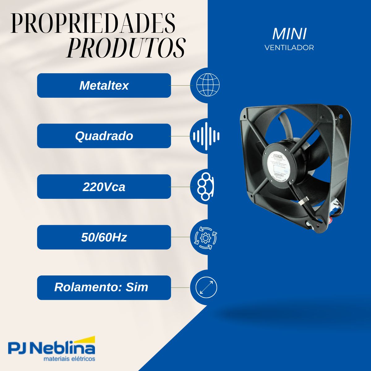 Mini Ventilador 220Vca 200X200X60Mm C/ Rolamento - Metaltex