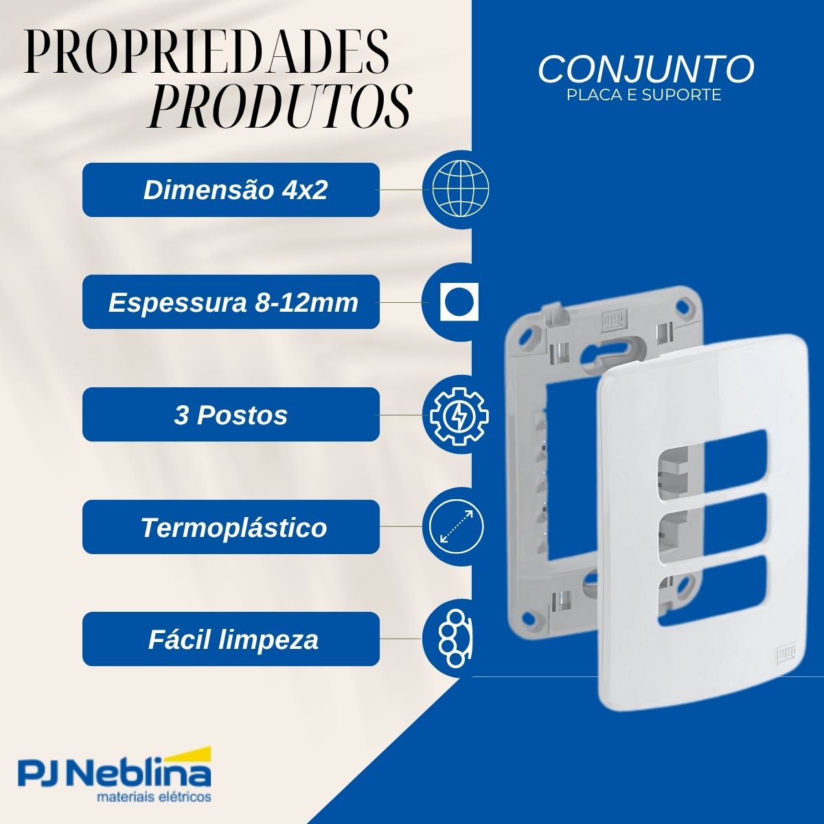 Conjunto Placa e Suporte Acabamento 3 Postos Sep Branco Compose 4X2 Com Suporte - Weg