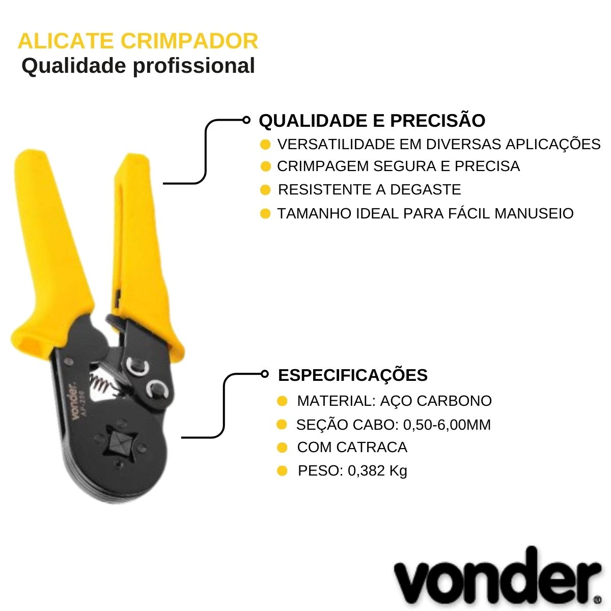 Alicate Crimpador Terminal Tubular 0,25-6,00Mm Amarelo Com Catraca 36.86.864.000 Vonder