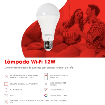 Lâmpada Led Inteligente Smart Wifi 12W Bivolt E27 RGB Com Assistente - Smarteck