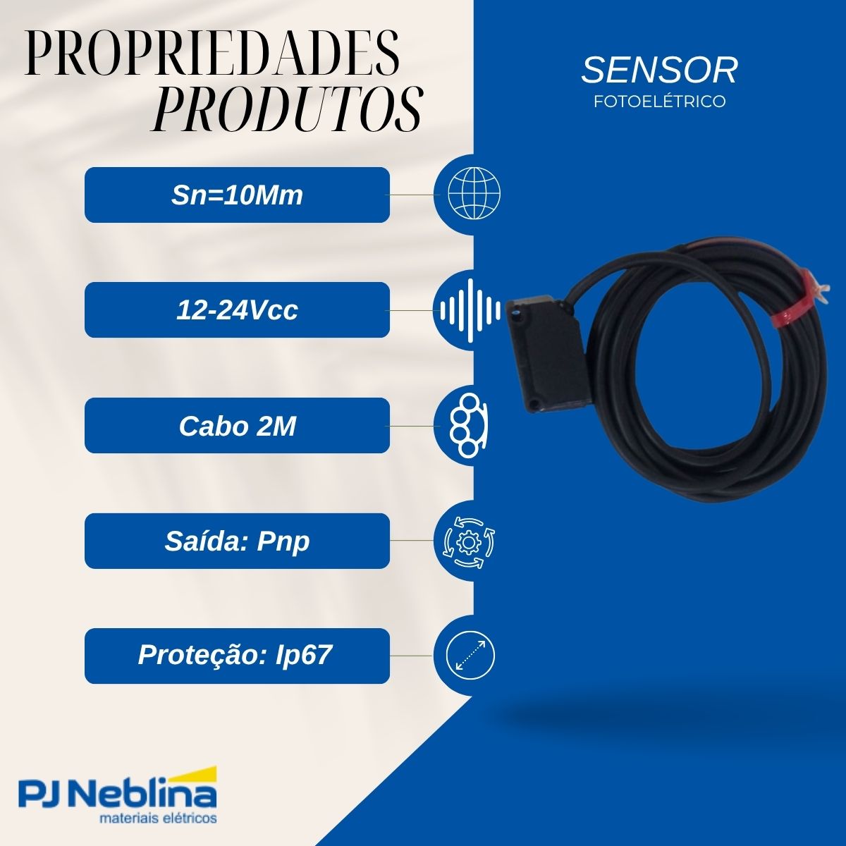 Sensor Fotoelétrico Barreira Sn=10Mm 31X20X11,2Mm Plástico 12-24Vcc Cabo 2M Pnp Ip67 - Weg