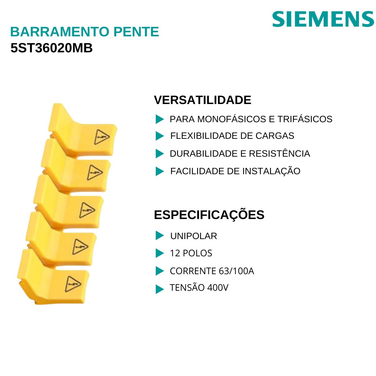 Barramento Pente Unipolar 12 Polos 63/100A 5ST36020MB Siemens