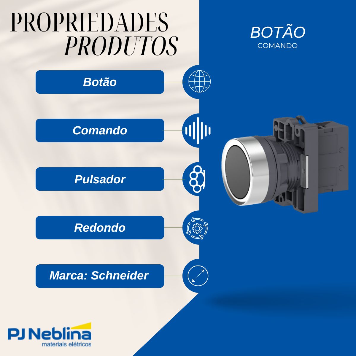 Botão Comando Pulsador Faceado Redondo 22Mm Plástico Preto 2Na - Schneider