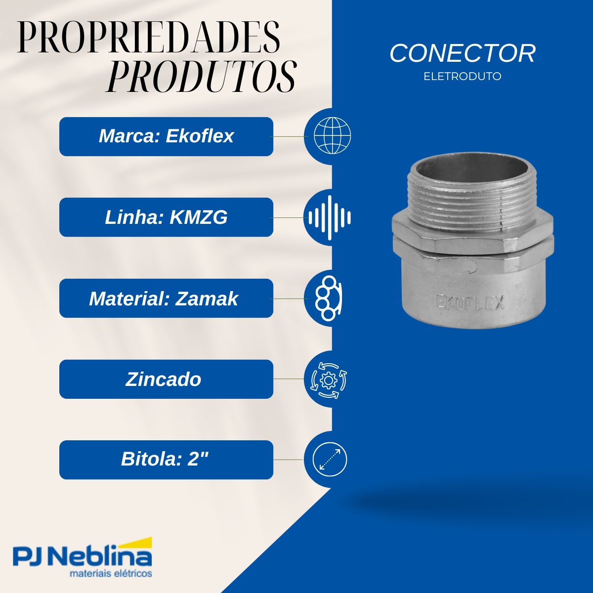Conector Eletroduto Macho Zamak Zincado 2Pol Bsp Reto Giratório - Ekoflex