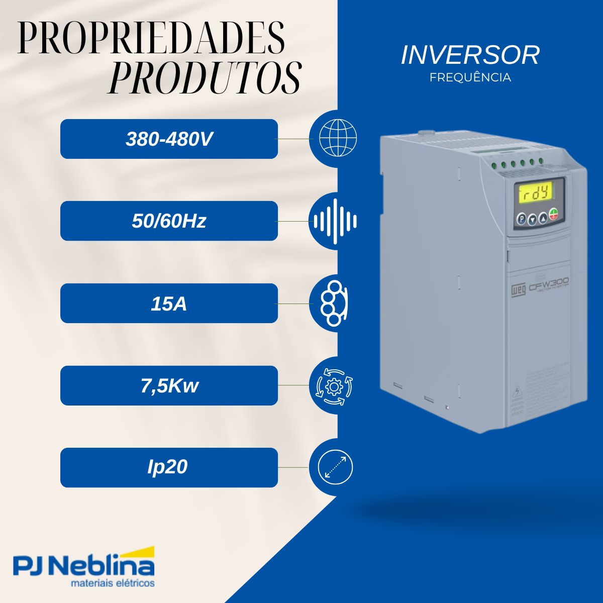 Inversor Frequência Trifásico 380-480V 50/60Hz 15A 7,5Kw - Weg