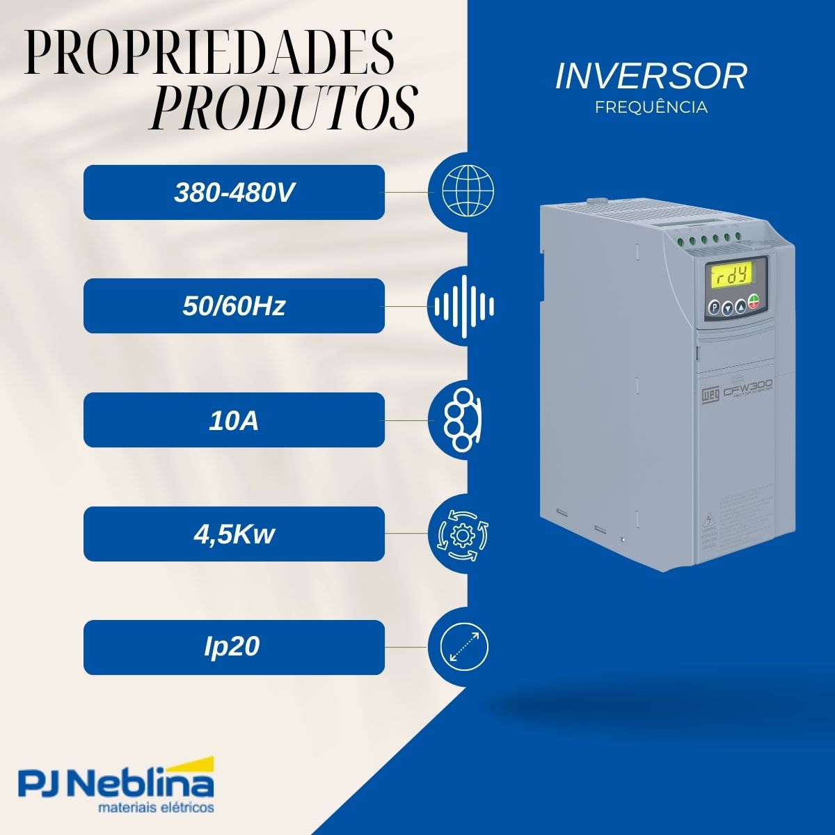 Inversor Frequência Trifásico 380-480V 50/60Hz 10A 4,5Kw - Weg