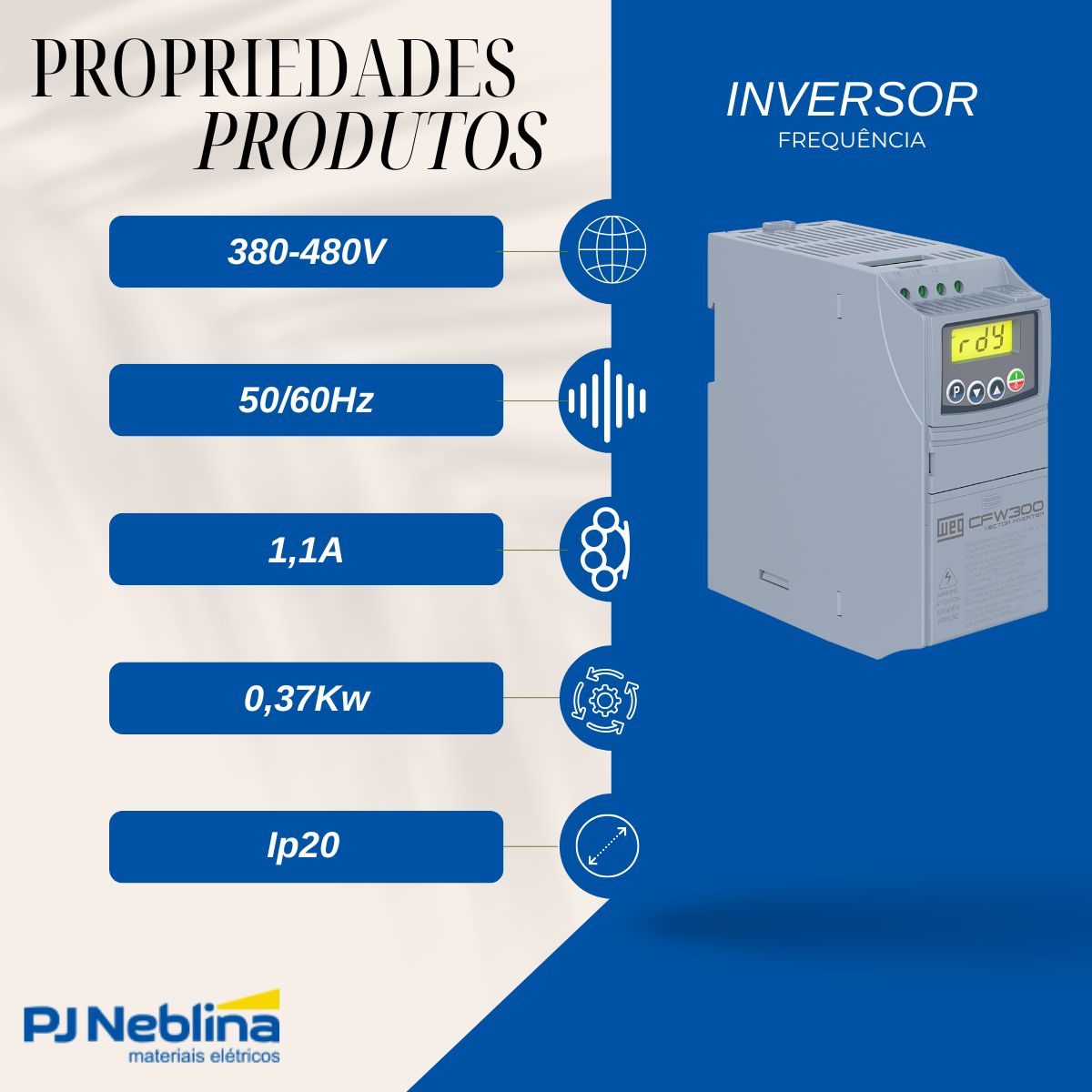 Inversor Frequência Trifásico 380-480V 50/60Hz 1,1A 0,37Kw - Weg