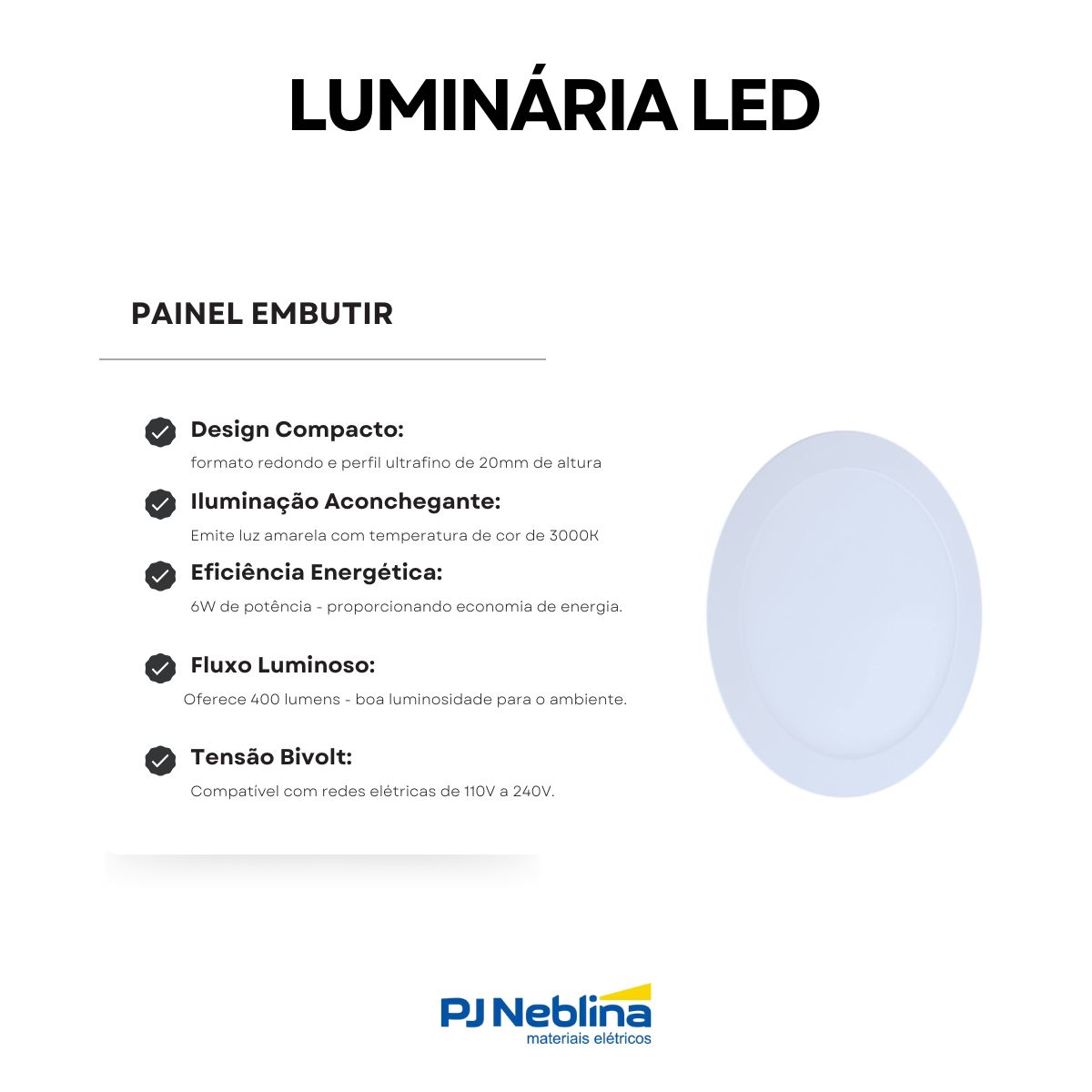 Luminaria Painel Led Embutir Red Bc 6w Bivolt 3000k Branco Q