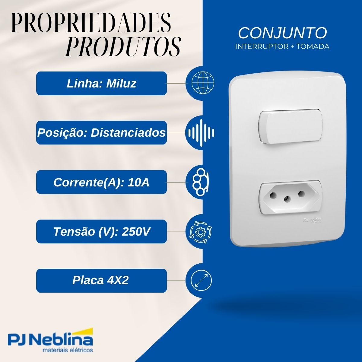 Conjunto 1 Interruptor Simples + 1 Tomada 2P+T Distanciados 10A 250V C/Placa 4X2 Branco Miluz - Schneider