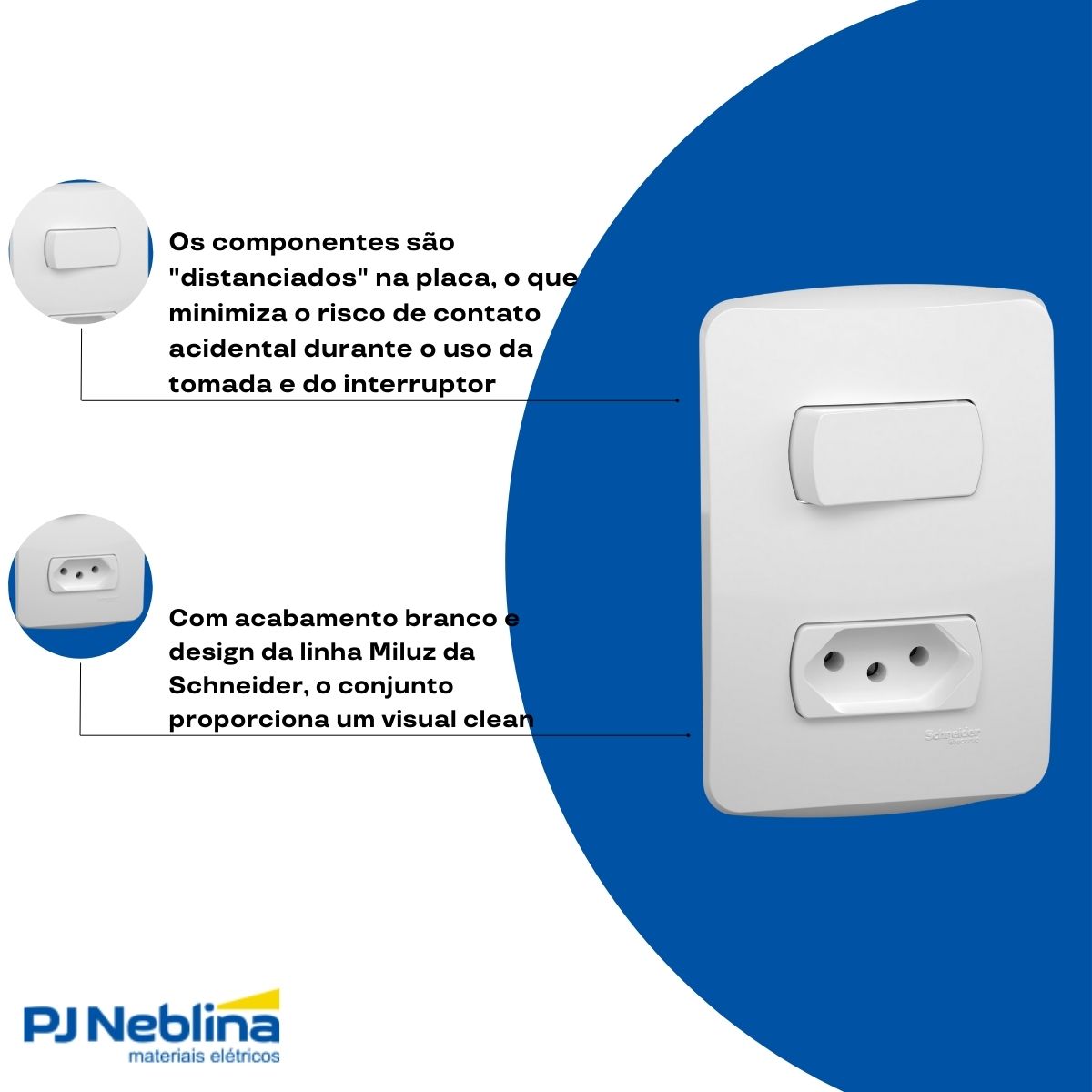Conjunto 1 Interruptor Simples + 1 Tomada 2P+T Distanciados 10A 250V C/Placa 4X2 Branco Miluz - Schneider