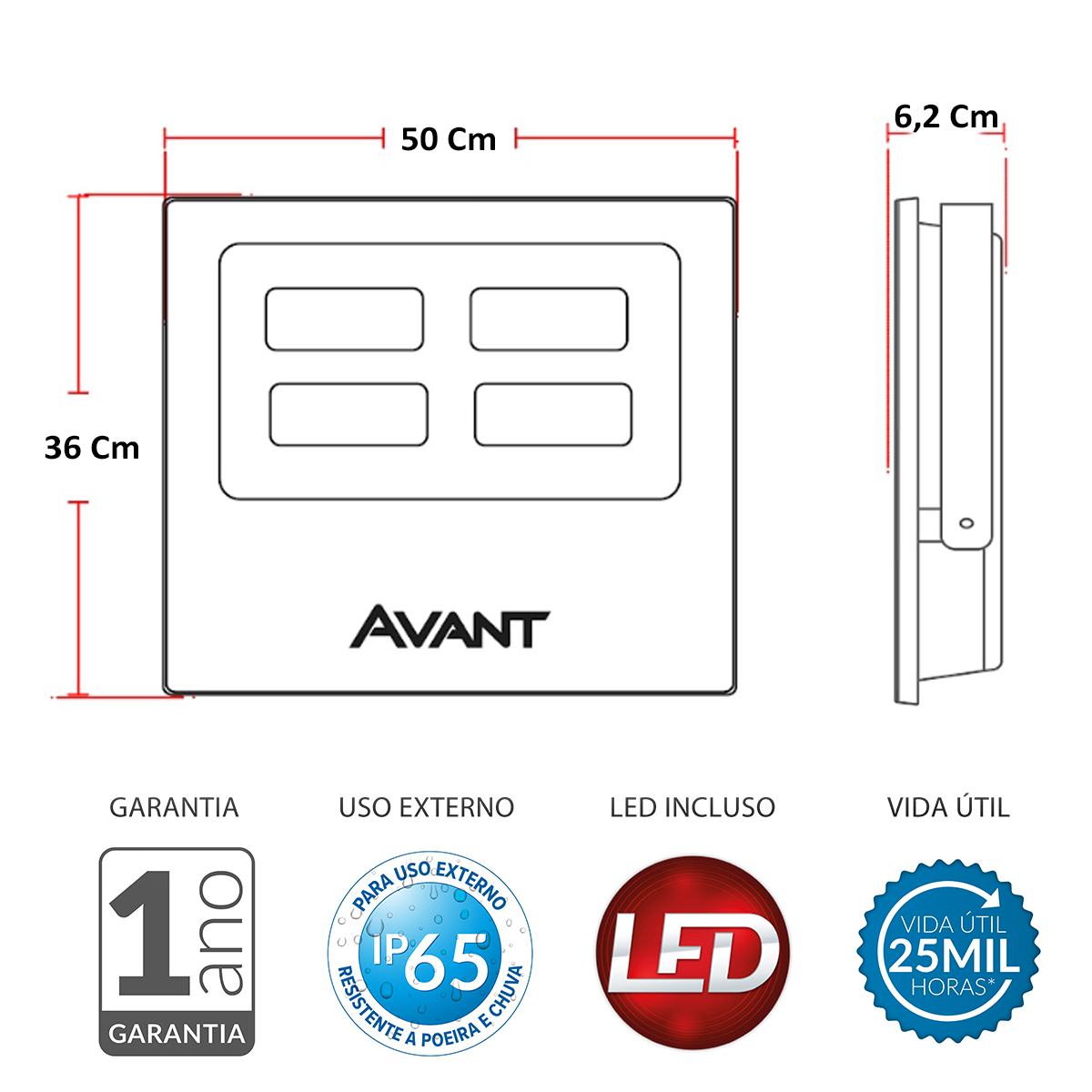 Luminária Refletor Led Retangular Sobrepor Preto 300W Bivolt Luz Branca 6500K 22500Lm 120G - Avant