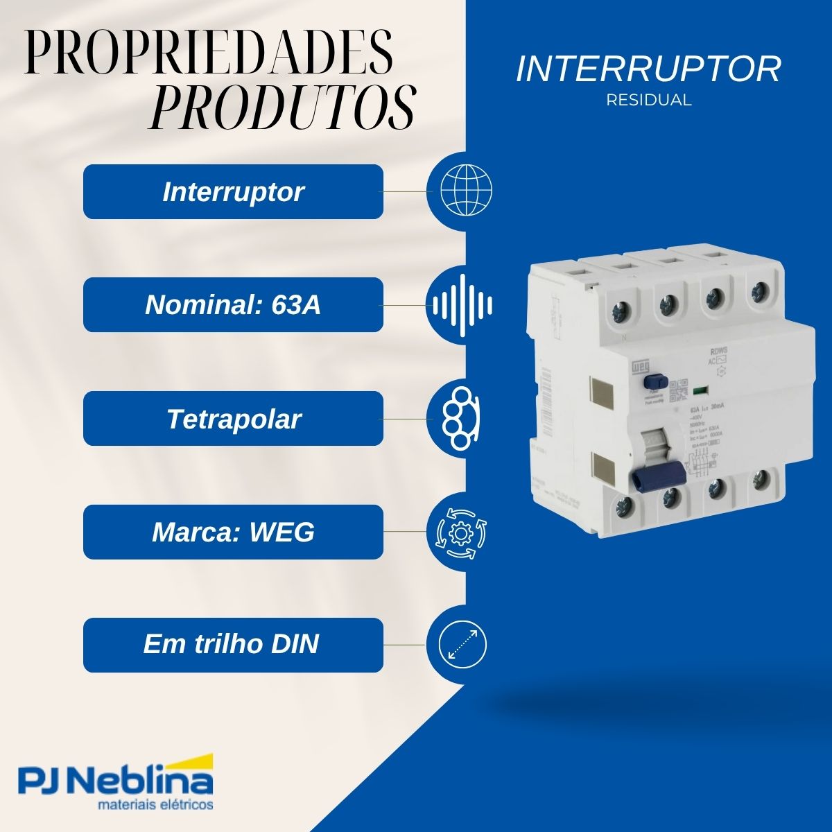 Interruptor Diferencial Residual 63A 30Ma 4P - Weg