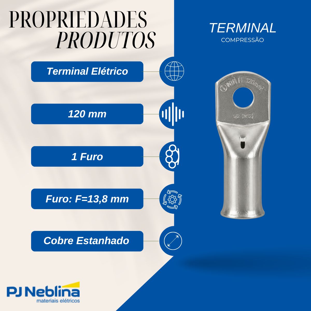 Terminal Compressao Boca Expandida 120mm 2 Compr 1 Furo F=13