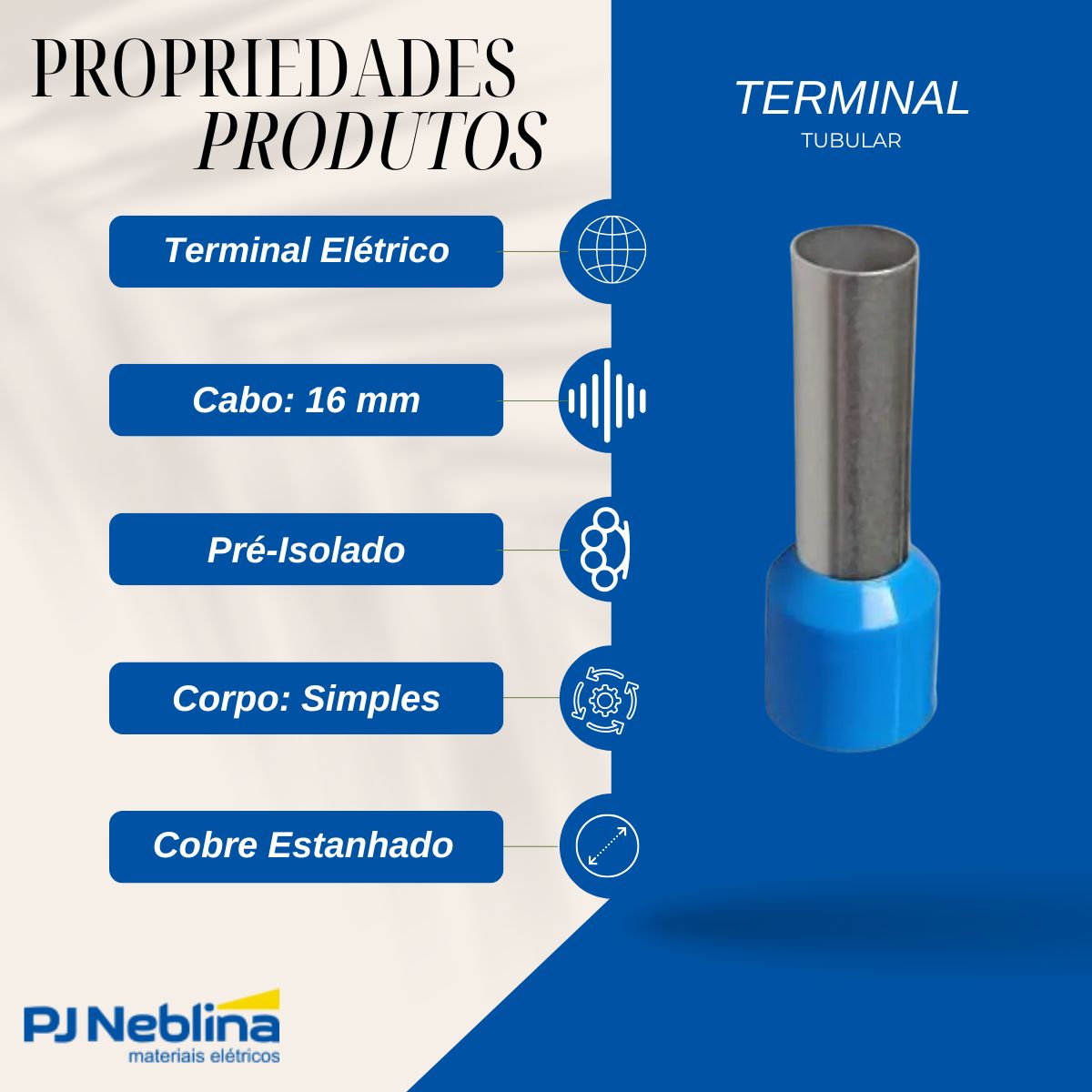 Terminal Tubular (Ilhos) 16Mm (6Awg) Pré-Isolado Azul - Intelli