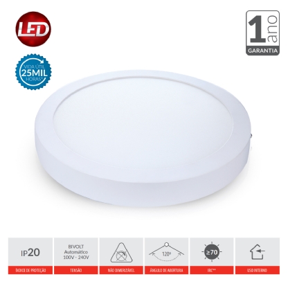 Luminária Painel Plafon Led Sobrepor Redondo Branco 24W Bivolt 6500K Luz Branca - Avant