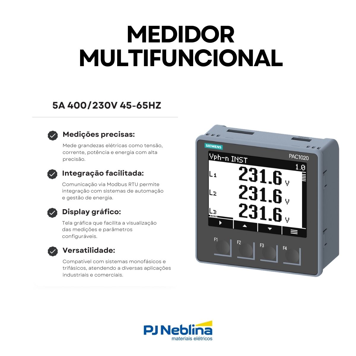 Dispositivo Medidor Energia 96X96 C/Display 5A 400/230V 45-65Hz 85-276Vca - Siemens