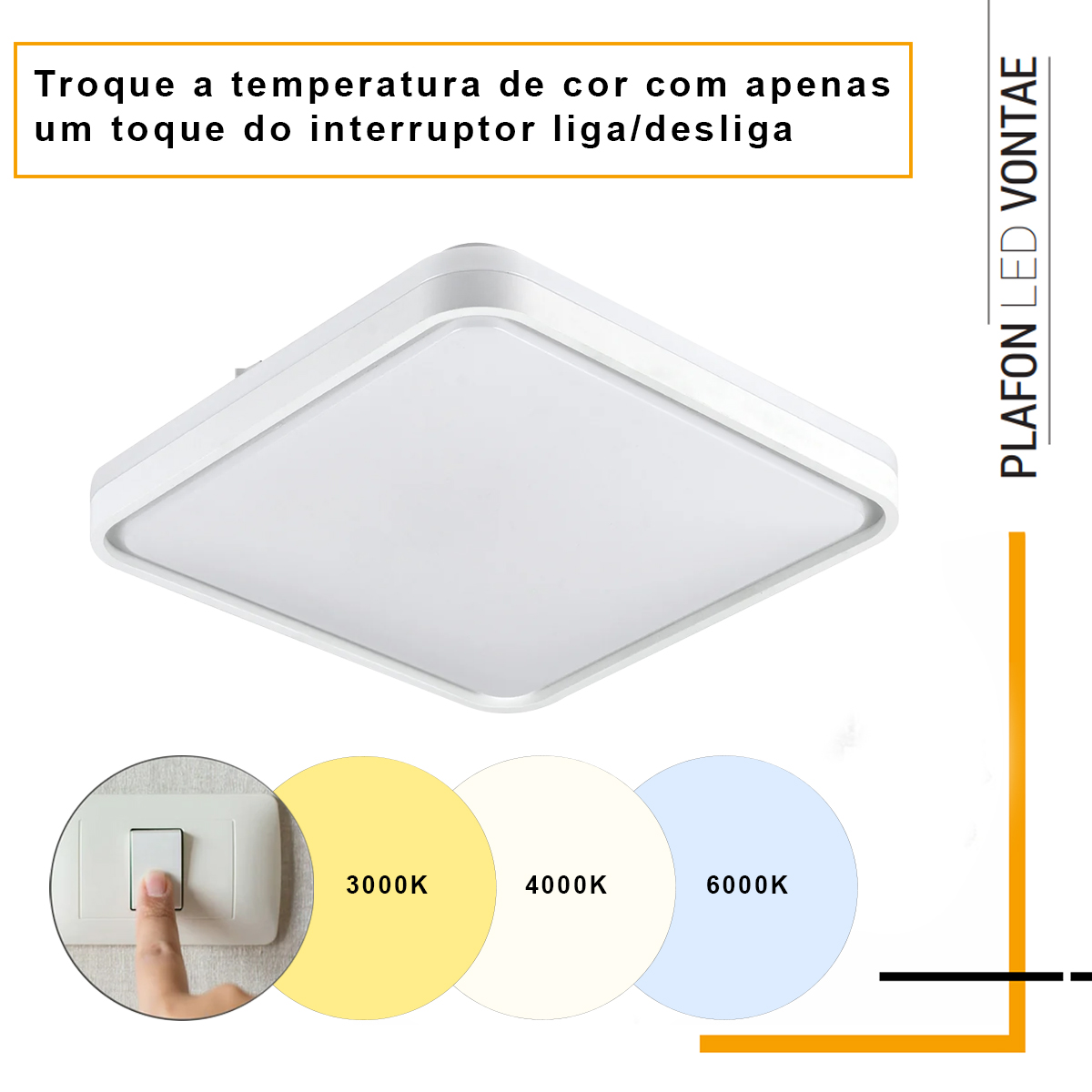 Luminária Plafon Led Sobrepor Vontae 48W Bivolt Luz Amarela/Neutra/Branca 3000/4000/6000K - Hevvy