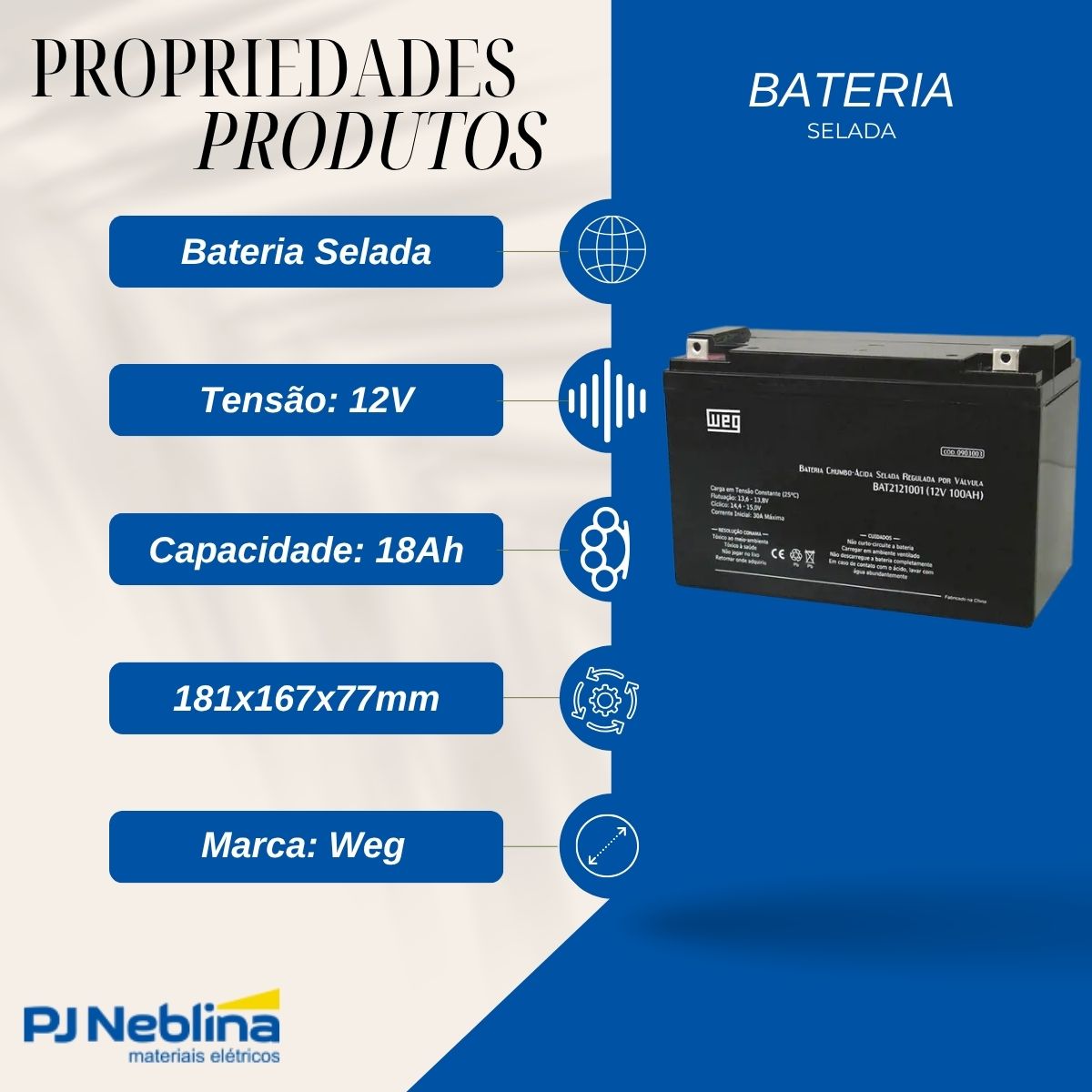 Bateria Selada Vrla 12V 18Ah 181X167X77Mm - Weg