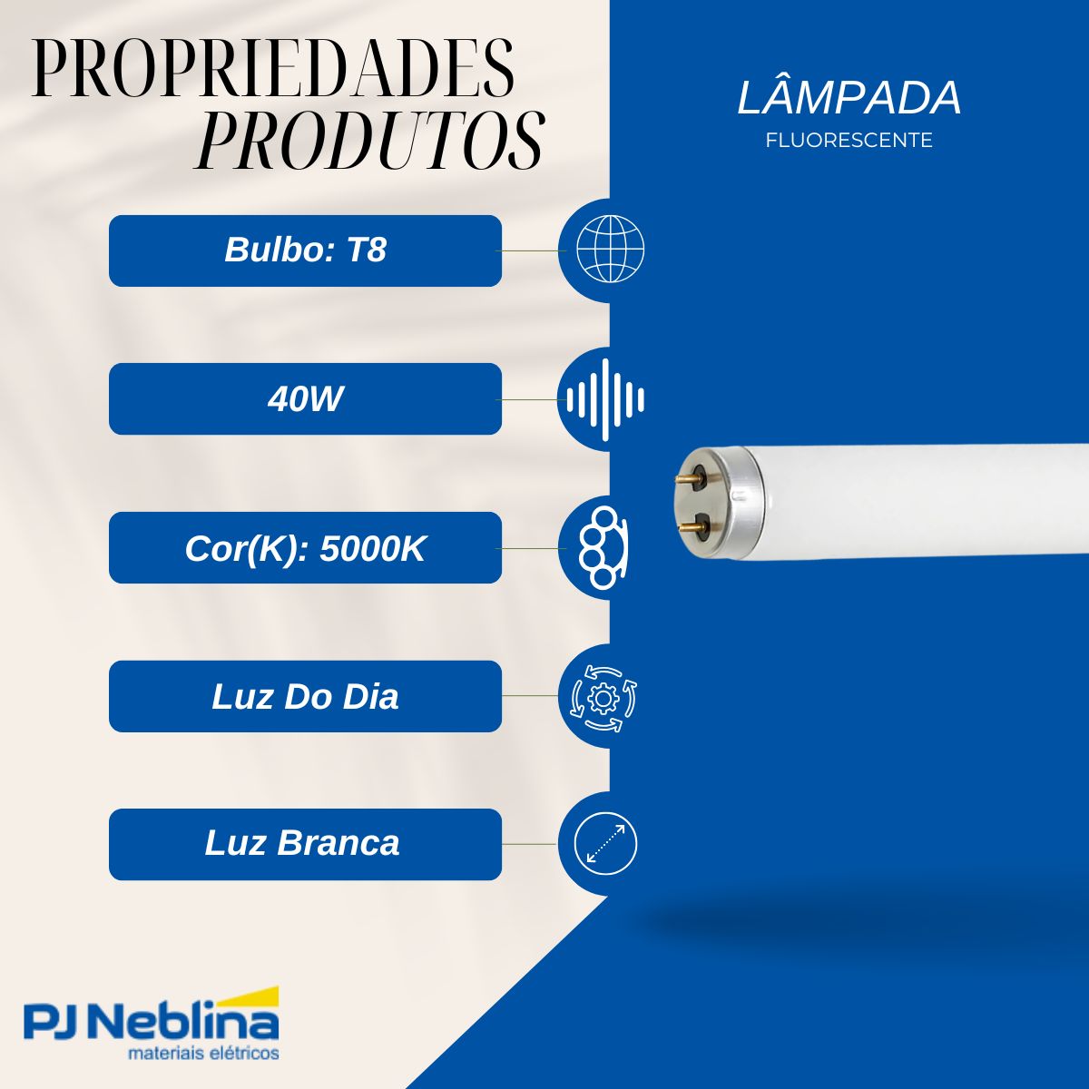 Lâmpada Fluorescente Tubular T8 40W G13 5000K Luz Do Dia Luz Branca 1200Mm - Luzy