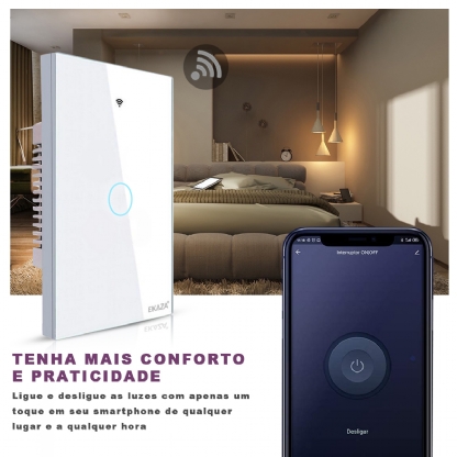 Interruptor Inteligente Smart Wifi Touch 1 Botão Bivolt 4X2 Branco Android/iOS Alexa/Google - Ekaza