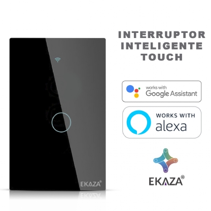 Interruptor Inteligente Smart Wifi Touch 1 Botão Bivolt 4X2 Preto Android/iOS Alexa/Google - Ekaza