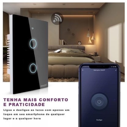 Interruptor Inteligente Smart Wifi Touch 2 Botões Bivolt 4X2 Preto Android/iOS Alexa/Google - Ekaza